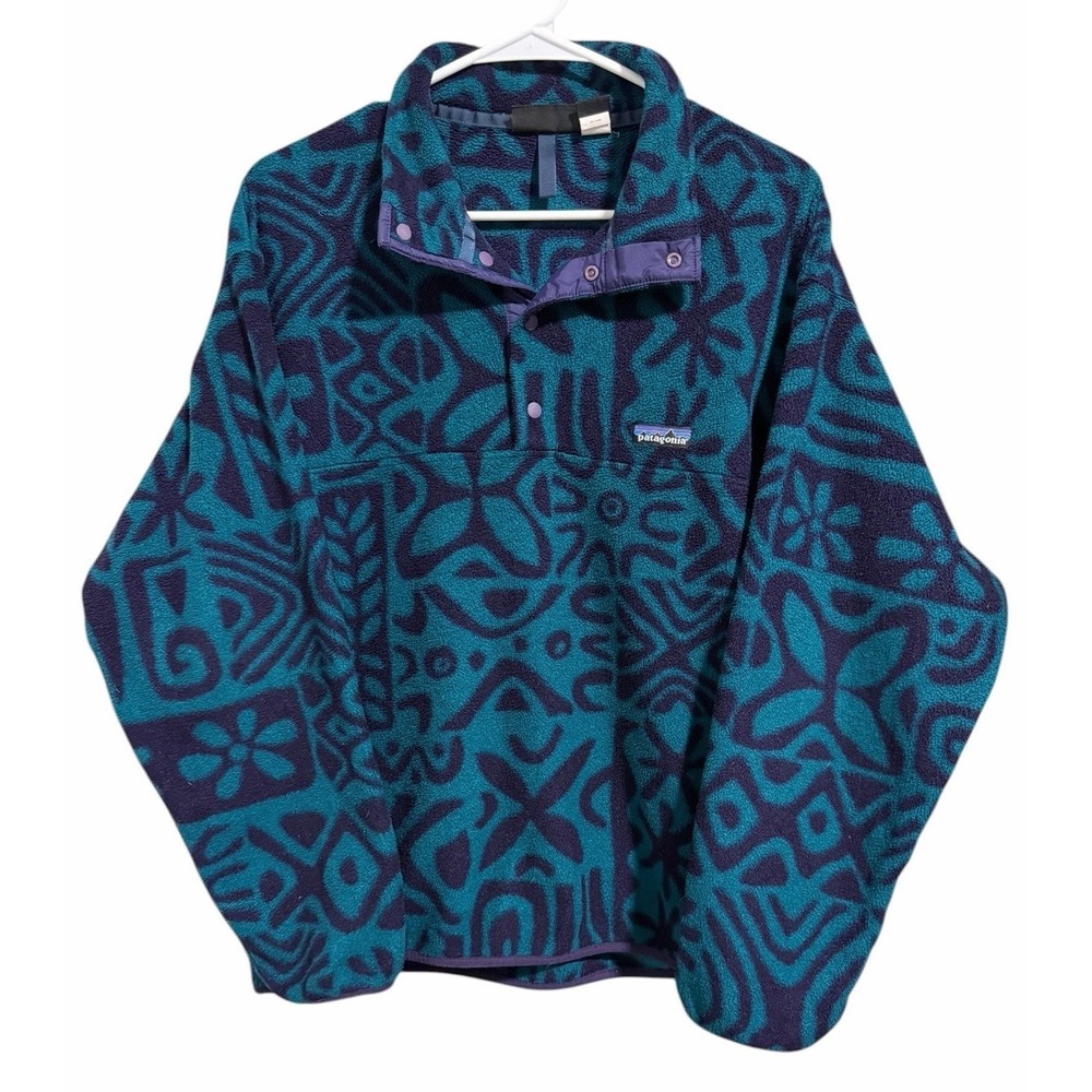 Vintage 1995 Patagonia Synchilla Snap-T Island Block Dark Teal Blue Print Medium